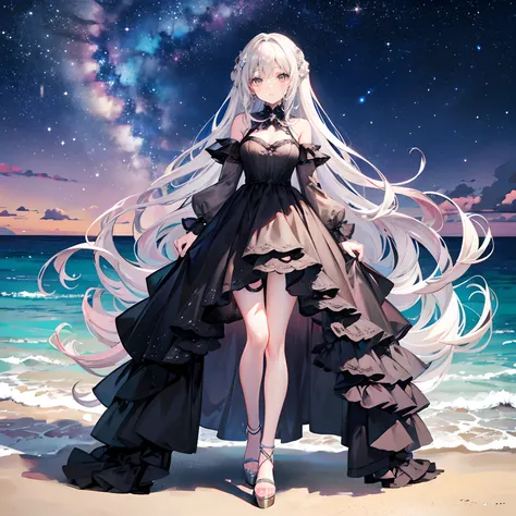 Silver-gray hair，Pink-brown eyes，long whitr hair，curlies，adolable，teens girl，Black gorgeous beautiful dress，High heels on the feet，fully body photo，All body，Fingers and arms are not exposed，Background sandy beach，Starry sky Milky Way by the sea，Happy and h...