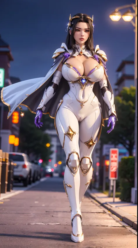 1GIRL, SOLO, (shiny black hair), (HUGE FAKE BOOBS:1.3), (GUARD ARM, GLOVE), IMMORTAL, (white, purple, gold, FUTURISTIC MECHA ARMOR SUIT, ROYAL CAPE, CLEAVAGE:1.5), (SKINTIGHT YOGA PANTS, HIGH HEELS:1.2), (NSFW GLAMOROUS BODY, SEXY LONG LEGS, FULL BODY:1.3)...