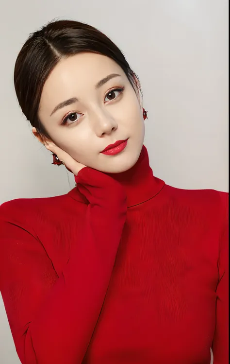 (a woman from Arad posing for a photo, wearing a red turtleneck sweater, shaxi, intelligent and beautiful, Lee Ji-eun, Li Zhien, Zheng Shenmin, wearing a turtleneck sweater, dominant red, intense red, Piao Zhimin, flushed, Taoist, high-quality portrait, we...