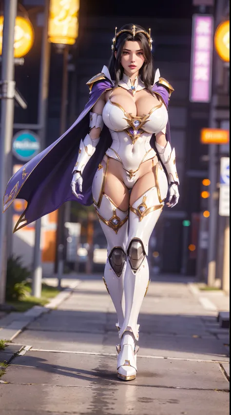 1GIRL, SOLO, (shiny black hair), (HUGE FAKE BOOBS:1.3), (GUARD ARM, GLOVE), IMMORTAL, (white, purple, gold, FUTURISTIC MECHA ARMOR SUIT, ROYAL CAPE, CLEAVAGE:1.5), (SKINTIGHT YOGA PANTS, HIGH HEELS:1.2), (NSFW GLAMOROUS BODY, SEXY LONG LEGS, FULL BODY:1.3)...
