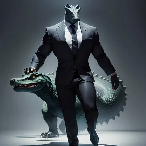 Humanoid  crocodile muscled ,  with a crocodiles head black with  a tail with 2 huge arms ,  in suit with a tie , full body