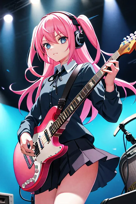 1girl, solo, black skirt, blue eyes, electric guitar, guitar, headphones, holding, holding plectrum, instrument, long hair, , music, one side up, pink hair, playing guiter, pleated skirt, black shirt, indoors