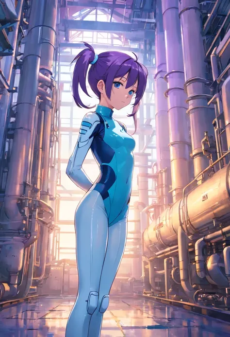 12 year old girl, long purple double ponytails, blue eyes, futuristic latex body suit white and light blue, white and blue latex thigh highs, abandoned power plant setting.