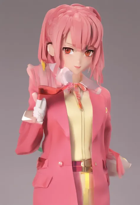 Makima from Chainsaw Man in 3D. Makima with red/ginger hair with a loose braid with bangs, yellow/gold eyes with multiple red rings within them making them the only visible sign of her inhuman nature, pink lipstick, and fair skin in a pink blazer, pink dre...