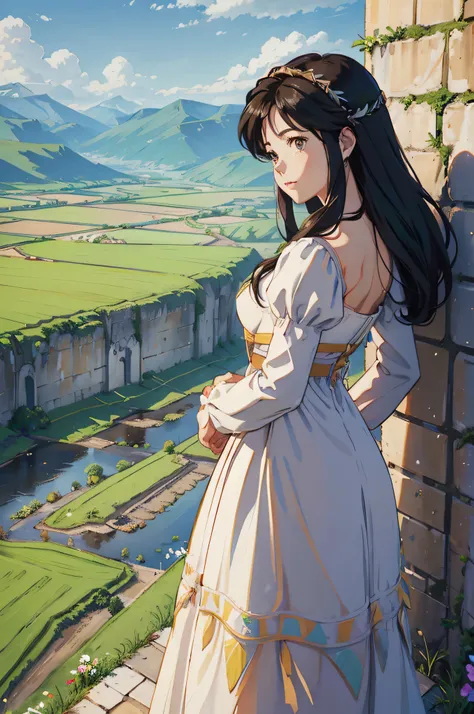 princess garnet standing on a castle wall, pov shot over her shoulder, in the distance are wide green plains and fields.  flower...