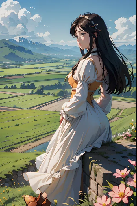 princess garnet standing on a castle wall, pov shot over her shoulder, in the distance are wide green plains and fields.  flower...