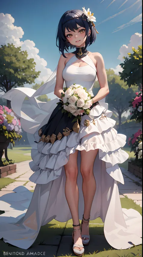 Kujou Sara | genshin impact, master-piece, bestquality, 1girls,25 years old, proportional body, proportional., Wedding Dresses, White Wedding Dress, Long skirt, wedding, ,bara, Standing in the middle of a flower garden, outdoor, wedding, The sky is beautif...