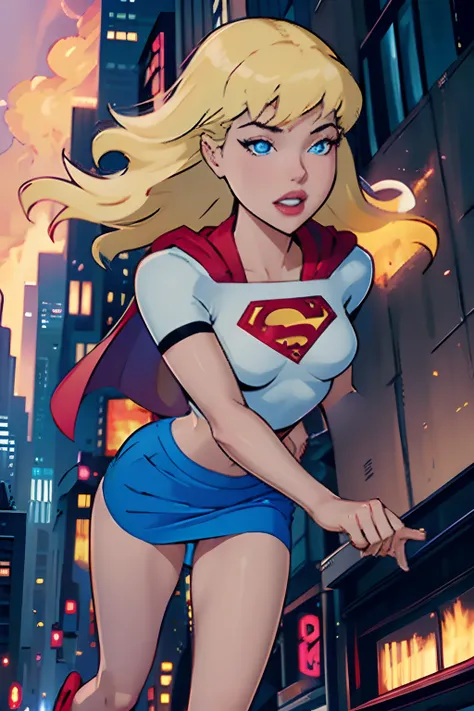 supergirl flying through the sky (uhd) (tight clothes) (mini-skirt) (pink panties) (perky medium breasts) (red cape) (blonde hai...