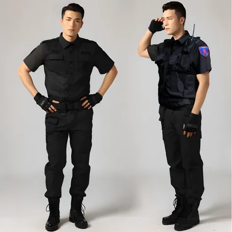 Two uniformed men stood side by side, Police uniform, Wearing a police uniform, full uniform, wearing black uniform, black armored uniform, Outfit: puff, security agent, JK school uniform, in a soldier uniform, police officers, in black military uniform, B...