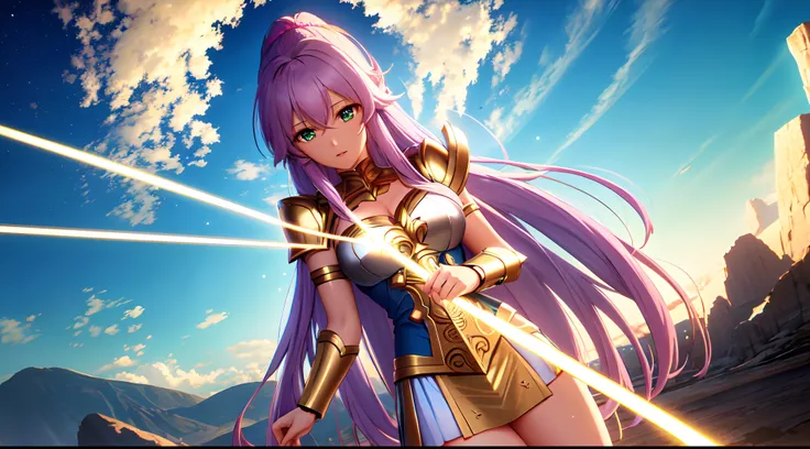 Kido_saori, Saint seiya athena with plain long light purple hair,hair between eyes,green eyes,rosy cheeks,full lips,thin eyebrows,slender body,greek goddess armor and long golden skirt,cute anime girl,full body,desert,anime style,Lumen Reflections,Screen S...