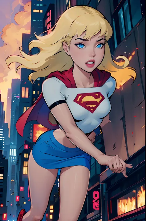 supergirl flying through the sky (uhd) (tight clothes) (mini-skirt) (pink panties) (perky medium breasts) (red cape) (blonde hai...