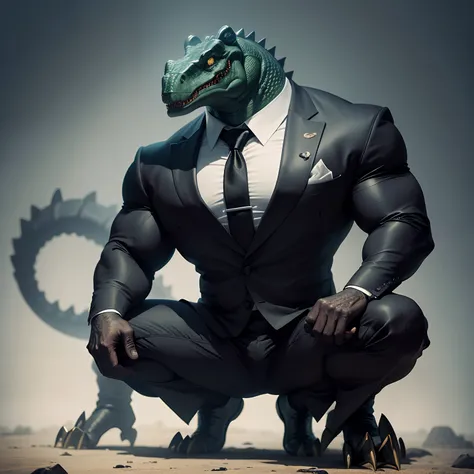 Humanoid  crocodile muscled ,  with a crocodiles head black with  a tail with 2 huge arms ,  in suit with a tie , full body