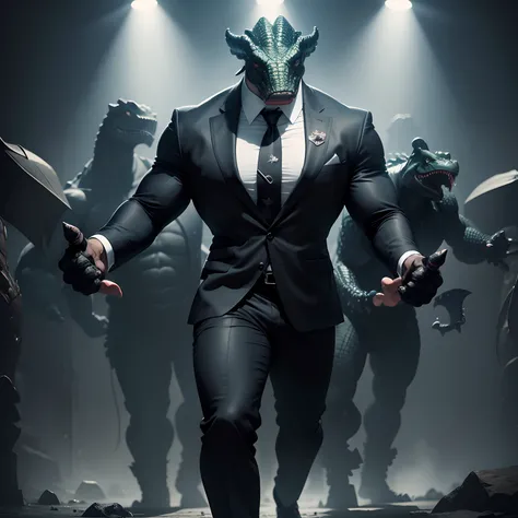 Humanoid  crocodile muscled ,  with a crocodiles head black with  a tail with 2 huge arms ,  in suit with a tie , full body