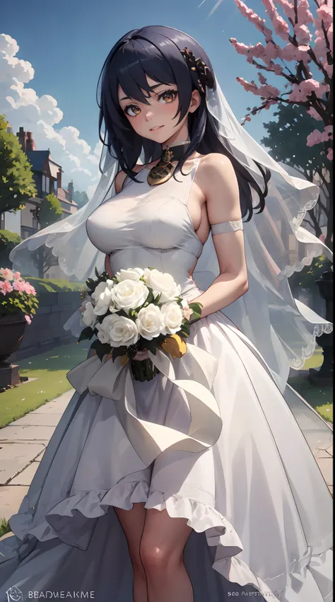 Kujou Sara | genshin impact, master-piece, bestquality, 1girls,25 years old, proportional body, proportional., Wedding Dresses, White Wedding Dress, Long skirt, wedding, ,bara, Standing in the middle of a flower garden, outdoor, wedding, The sky is beautif...