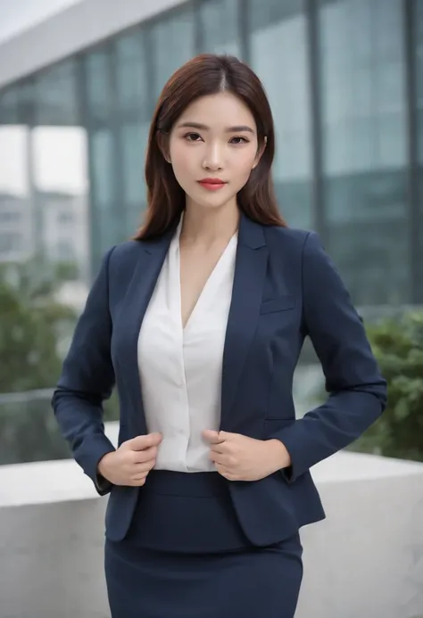 Professional image of a 25-year-old working woman in China, Wear a navy blue business casual suit and hip wrap skirt, Professional profile photo, posing with crossed arms, professional picture, professional profile picture, photograph of a woman, Business ...