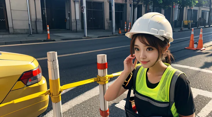 1 cute woman, kawaii, assembling scaffolding at a construction site