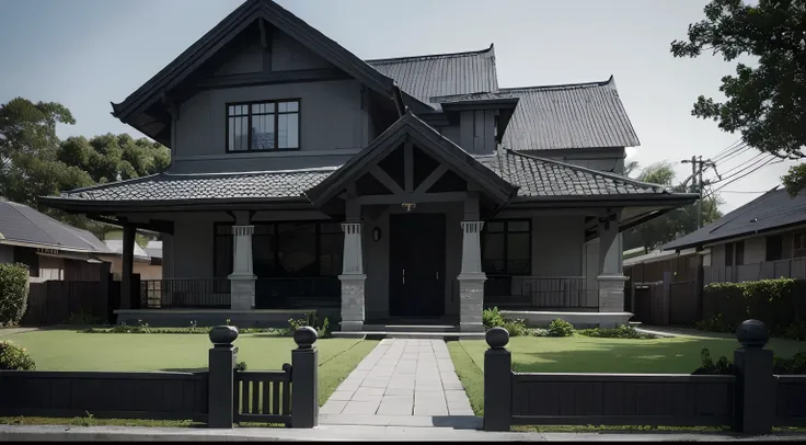 A cozy year 2003 philippine bungalow house design, with minimalistic designing, with plants, black is the dominant house color, gray and white modern house, gothic architecture, or dark tone colors architecture, l, ultra realistic, Jason Buensalido archite...