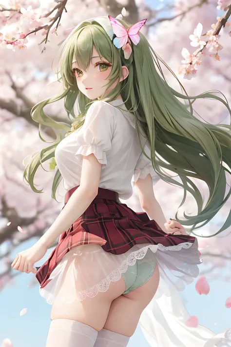 1girl, solo, long hair blown by wind, green eyes, white stocking, lace, look at viewer, luxurious, elegant, extremely detailed, majestic, blurry, blurry background, tree, branch, cherry blossoms, butterfly, flower petals blown by wind, depth of field, pant...