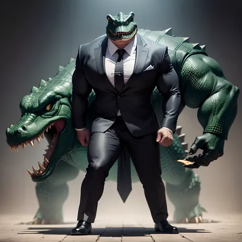 Humanoid  crocodile muscled ,  with a crocodiles head black with  a tail with 2 huge arms ,  in suit with a tie , full body