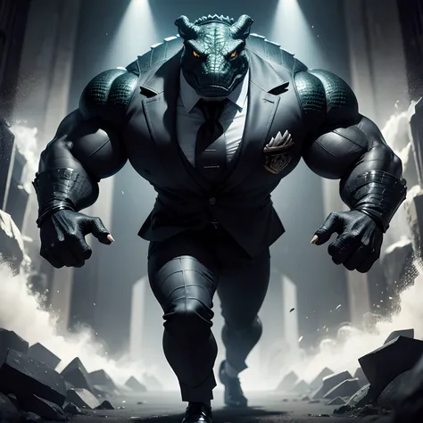 Humanoid  crocodile muscled ,  with a crocodiles head black with  a tail with 2 huge arms ,  in suit with a tie , full body