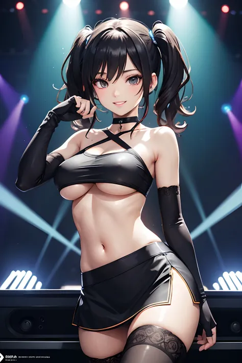 best quality, a beautiful woman, medium breasts, athletic body, slim body, nice breasts, (tube top, underboobs:1.2), (miniskirt, arm gloves, choker, thighhighs), wavy hair, twintails, smile, parted lips, (raving at the grand techno club with elaborate deta...