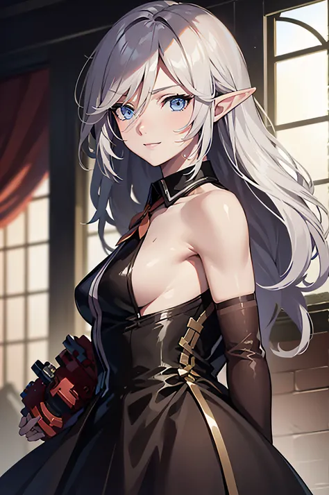 Adult girl standing and looking at the camera, pixie, elf ears, Beautiful elven ears, The girl is dressed in a Gothic dress, Long Dress, floor-length dress, pony tail, High-quality beautiful eyes, beatiful face, High Quality Face, dark sky, Thin, Wet waist...