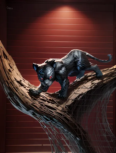 Paper art, black panther on the tree, red eyes,