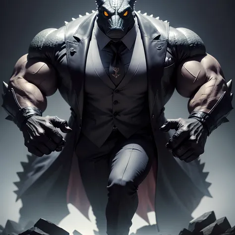 Humanoid  crocodile muscled ,  with a crocodiles head black with  a tail with 2 huge arms ,  in suit with a tie , full body