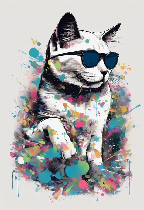 Sunglasses Cat Paint Art,T-shirt logo，（（white backgrounid）），（in frame）