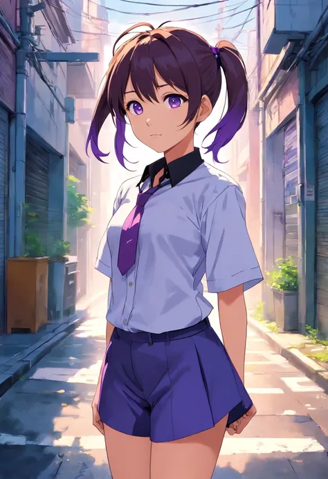 5 year old girl, white oversized button up short sleeved shirt, black choker, purple long double ponytails, blue eyes, alleyway background