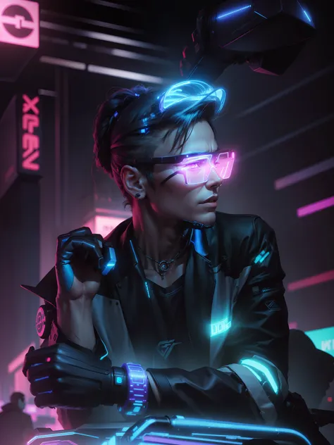 Man, cyberpunk, ultra realistic, long neon lights on background