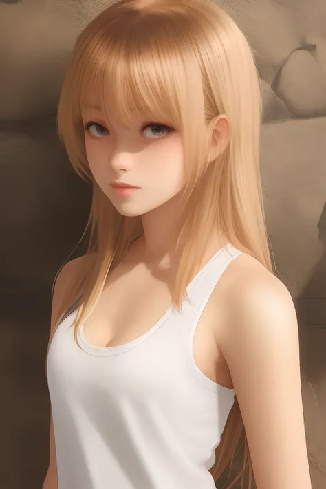 Anime girl, light brown skin , brown eyes, long blonde hair, tank top, freckles