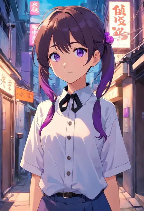 5 year old girl, white oversized button up short sleeved shirt, black choker, purple long double ponytails, blue eyes, alleyway background