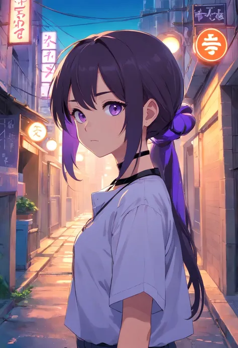 5 year old girl, white oversized button up short sleeved shirt, black choker, purple long double ponytails, blue eyes, alleyway background, depressing