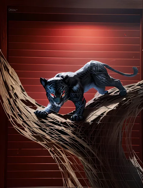 Paper art, black panther on the tree, red eyes,