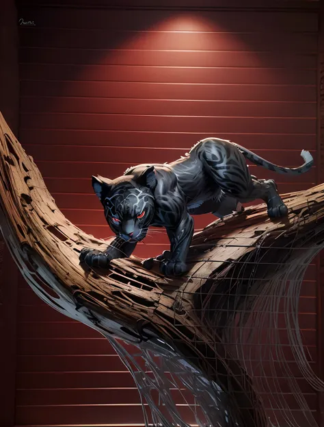 Paper art, realize panther on the tree, red eyes, ultra detailed panther face, ultra detailed tree, ultra detailed legs, ultra detailed hands and claws, ultra detailed body