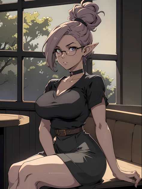 (1980s anime), a gorgeous female elf sitting in a coffee shop, messy bun hairstyle, jersey top, black shirt skirt, glasses, black choker, big boobs, sitting  , extremely detailed face and eyes, dynamic shadows, beautiful lighting, absurdes, 4k  , dynamic p...