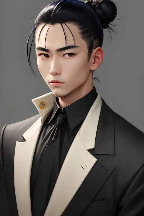 masterpiece, best quality, high quality, 1boy, solo, male focus, looking at viewer, upper body, Suguru_Geto, black hair, Man bun, black eyes, jacket, high collar, Realism