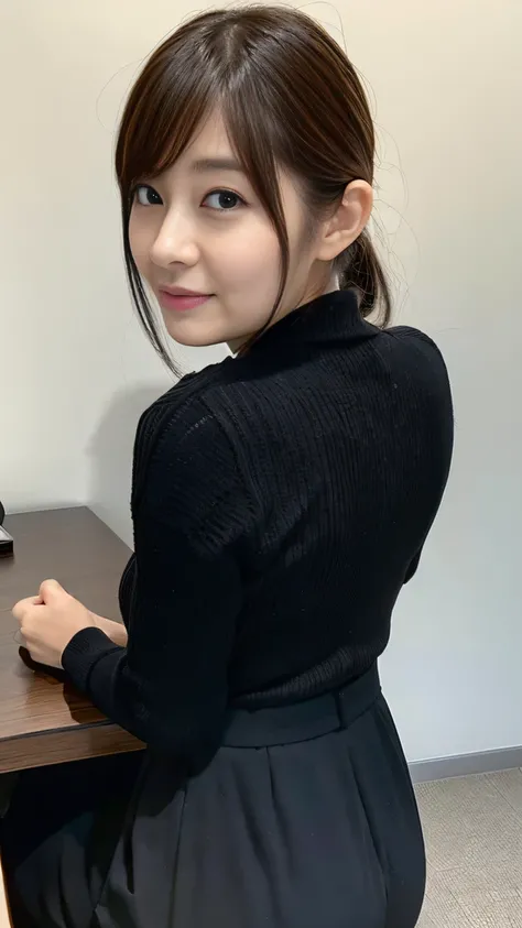 (Best quality, 8k, 32k, Masterpiece, UHD:1.2), middle shot, from behind, 1 walking girl, beautiy Japanese office lady, (smile:0.5), (looking at the the viewer), 30 years old, bit chubby, black suit, black skirt, office room, desk, (small breasts, buttocks:...