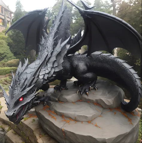 there is a statue of a dragon with wings on a stone, detailed dragon, realistic lifelike dragon, a majestic gothic dragon, extremely detailed and lifelike, sculpted draconic features, fantasy inspired dragon armor, black dragon, dragon with scars, alduin, ...