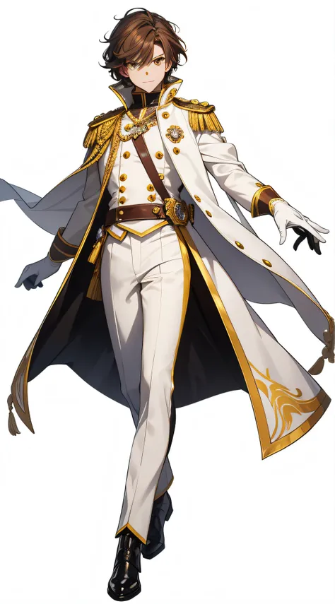 Brown hair, Yellow eyes, White gloves, Prince costume, Black pants, White gloves，A half body