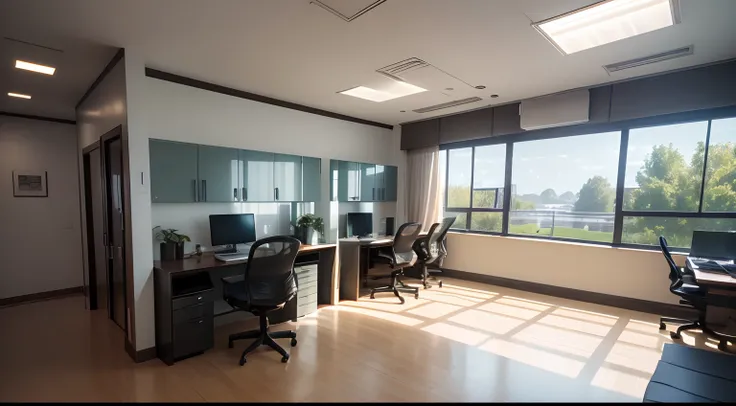 Best quality,4K,8K,A high resolution,Masterpiece:1.2),Ultra-detailed,(Realistic,Photorealistic,photo-realistic:1.37),Interior design，Office design (7.H 8 US x 10 US x 8 US), There are three spacious windows on one side, 20 computers，There is a computer at ...