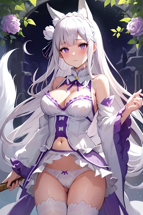 Emilia Re:Zero, white hair, white crown braid, purple ribbons in hair, white flower in hair, white lingerie, x hair ornament, purple eyes, long hair, medium breasts, fox ears, fox girl, 1girl, solo, 

(masterpiece:1.1), (best quality:1.1), (ultra-detailed:...