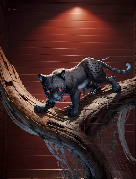 panther on the tree, red eyes, ultra detailed hands and legs, ultra detailed claws, ultra detailed right side of leg, ultra detailed The back of the body