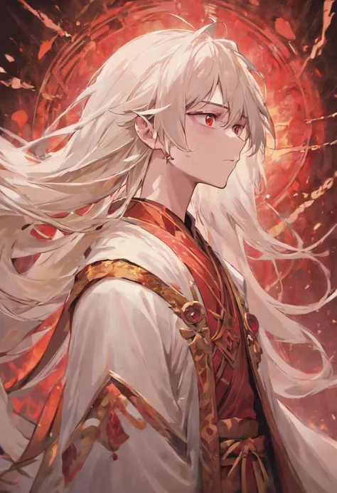 a young man with long white hair,pale skin,blood ruby eyes,thin body and thin waist,wearing a white robe with red veins