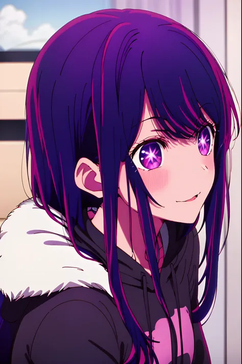 yukino, best quality, purple color hair, purple eyes, in a black hoodie, cute girl, her expression is solemn, sexy face, she has...