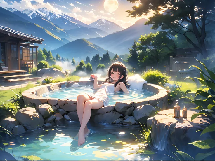 in 8k、top-quality、​masterpiece、ultra-detailliert、ultra-high resolution、anime style、outdoor bath、rock bath、fullmoon、mountains on ...