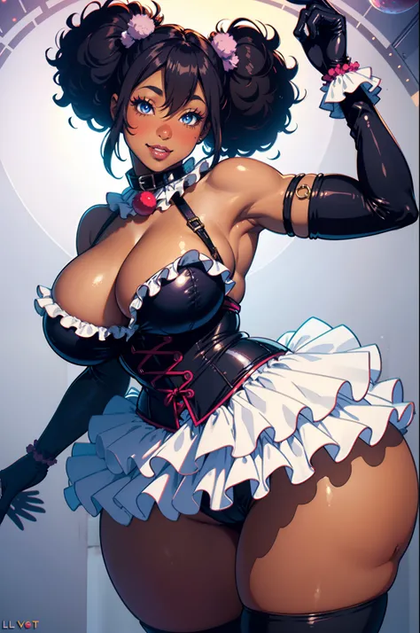 Best quality, solo mature woman, giant breasts, giant ass, very curvy, dark skin, curly twin tails, sunglo eyes, full lips, seductive, smile, ruff collar, stripped clown corset, frilly skirt, pom pom ball, fishnets, long satin gloves, clown makeup, thick t...