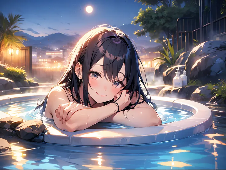 in 8k、top-quality、​masterpiece、ultra-detailliert、ultra-high resolution、anime style、outdoor bath、rock bath、fullmoon、mountains on ...