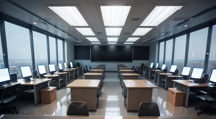 Region 7.8 m x 10.8 meters tall，A large classroom with a height of 3 meters，There are 3 single windows on the right，There are 20 computers in the room，Each table has a computer。